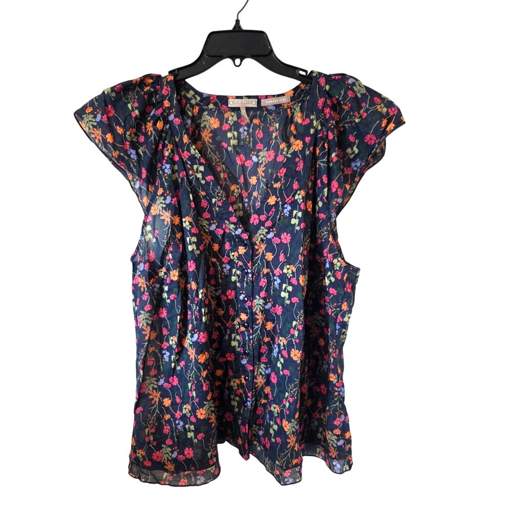 Old Navy Womens Plus Size Floral Flutter Sleeve Top Plus Size 2X Navy Blue
